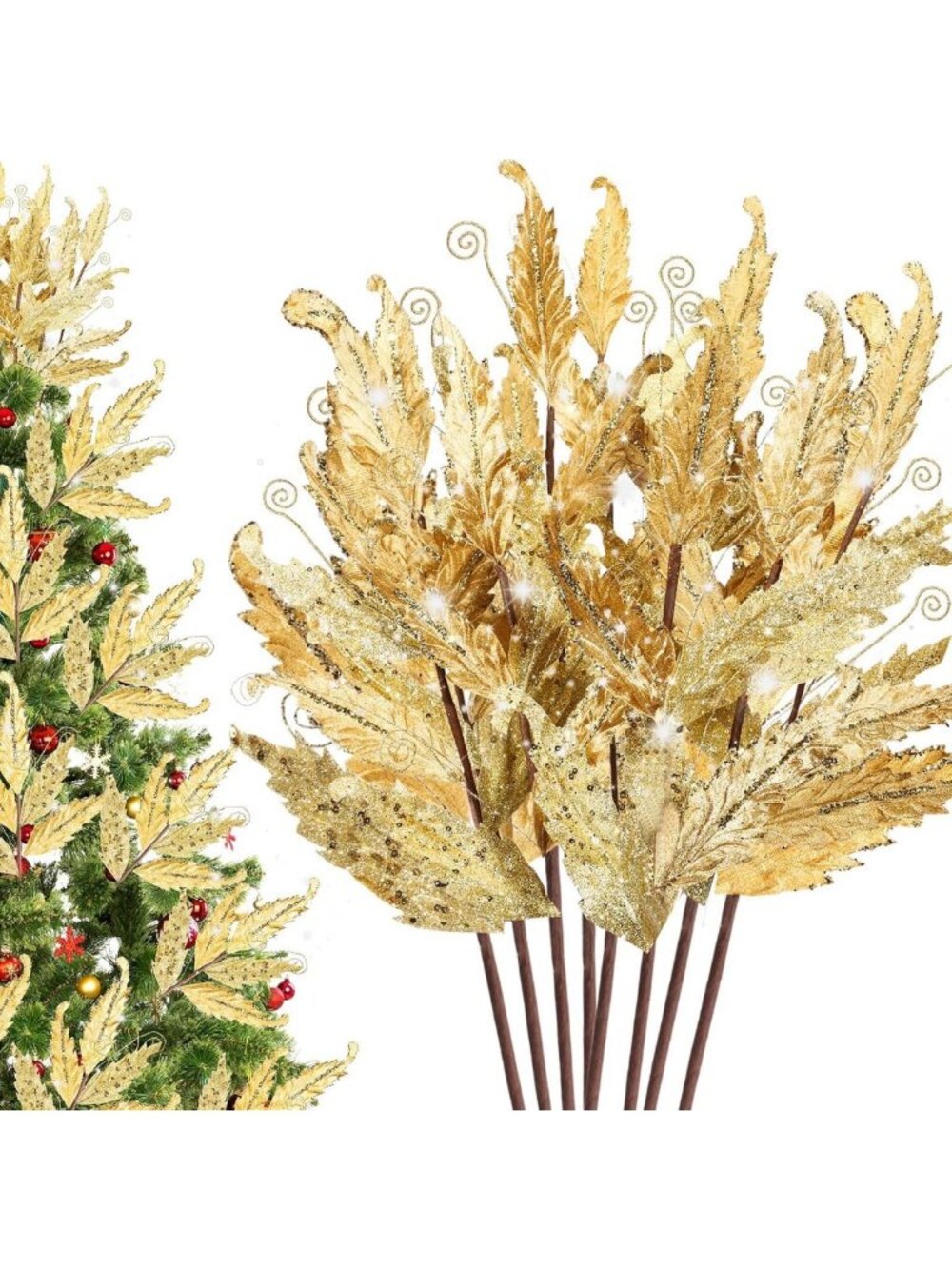 20 Pcs Gold Glitter Christmas Leaves Ornaments for Holiday Decor & Crafting